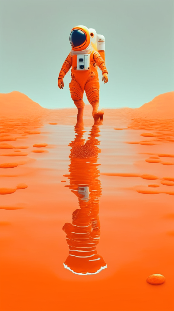 Generate an astronaut in an orange suit, walking on a water surface on Mars in Pixar style