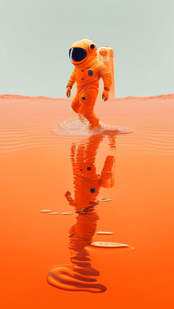 Generate an astronaut in an orange suit, walking on a water surface on Mars in Pixar style