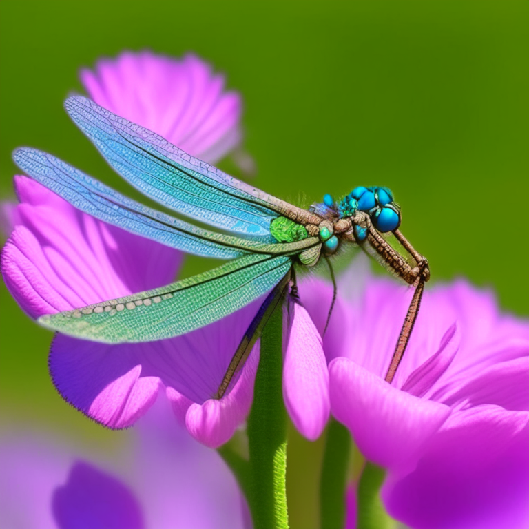 A blue-green dragonfly on a pink flower 
