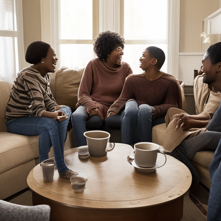 a family of four talking with one another over a coffee table in a living room