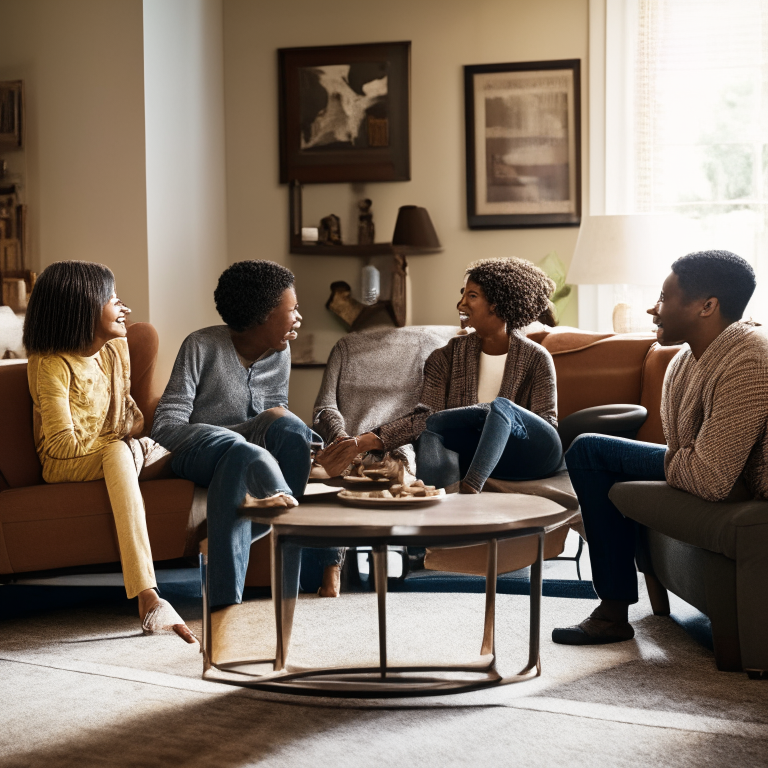 a family of four talking with one another over a coffee table in a living room