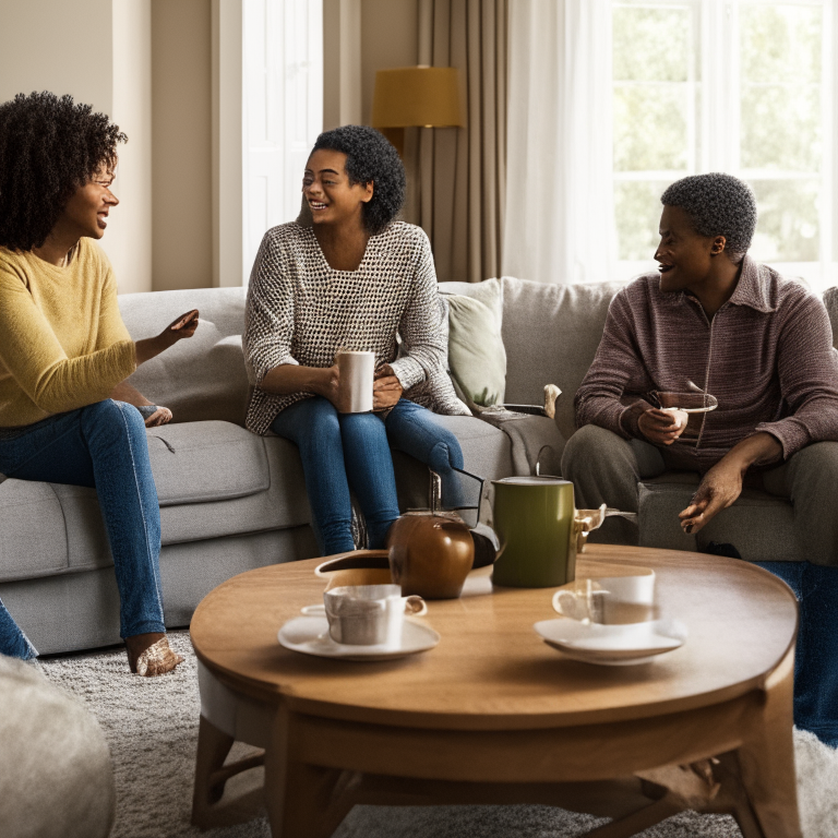 a family of four talking with one another over a coffee table in a living room