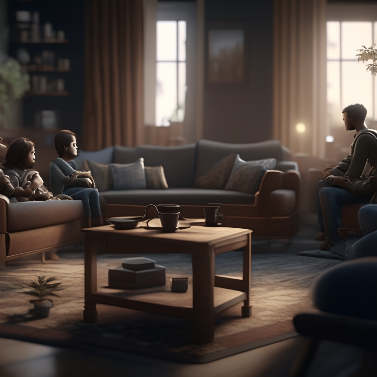 a family of four talking with one another over a coffee table in a living room in the style of Unreal Engine, HD, 8K
