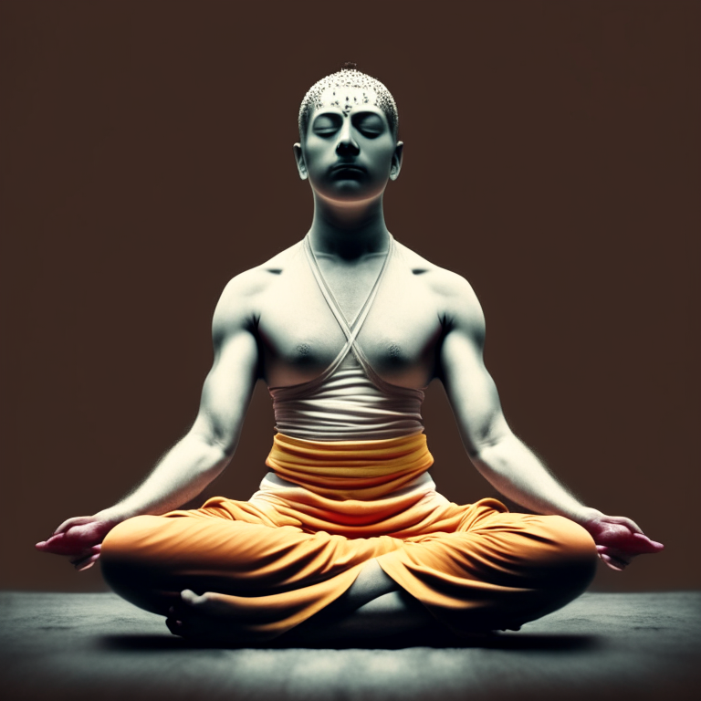 a person meditating in lotus pose, holding up index finger