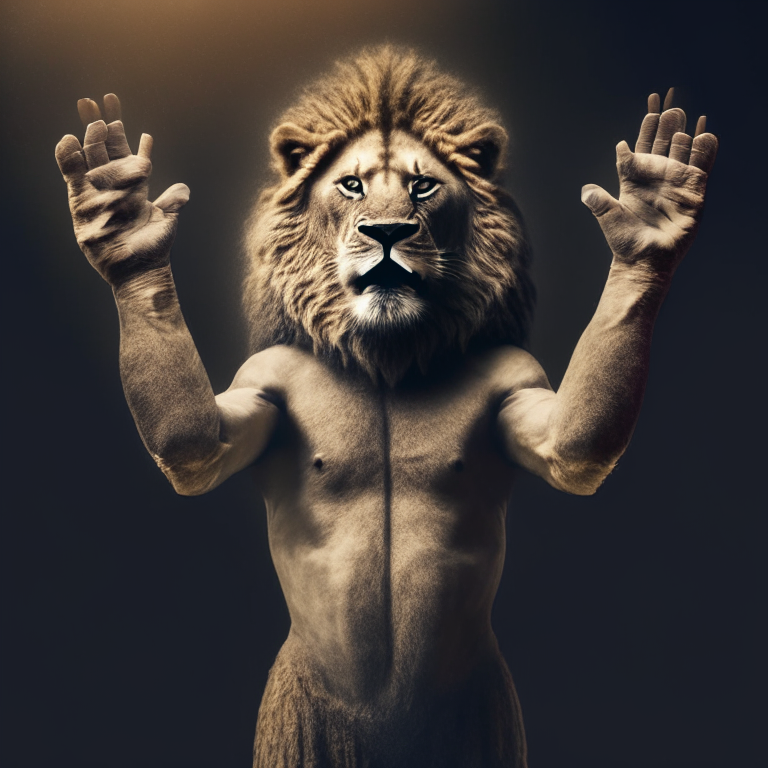 a person in lion pose, holding up index finger