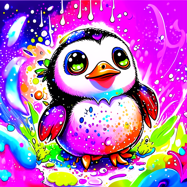 splash art, luminism, fantasy acrylic, digital painting, a close up little cute magic chibi fantasy random color penguin in bed, flowers, butterflies, no text, sparks, magic creature made of colors, big reflective eyes, splash style of colorful paint, paint dripping, color waves, close portrait, color drops, fairytale, dynamic lighting, artstation, by Peter Mohrbacher, craola, WLOP, masterpiece, golden glowing, bubbles, transparent smoke, sunbeams