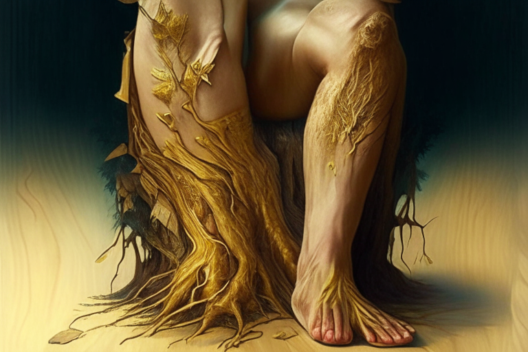 shorts, knee, thigh, wood, elbow, art, chest, trunk, barefoot, abdomen, gold coloring
