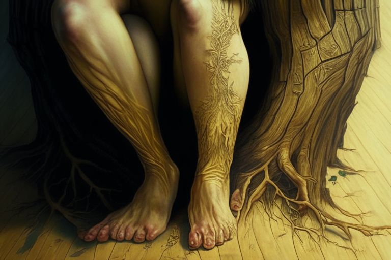 shorts, knee, thigh, wood, elbow, art, chest, trunk, barefoot, abdomen, gold coloring