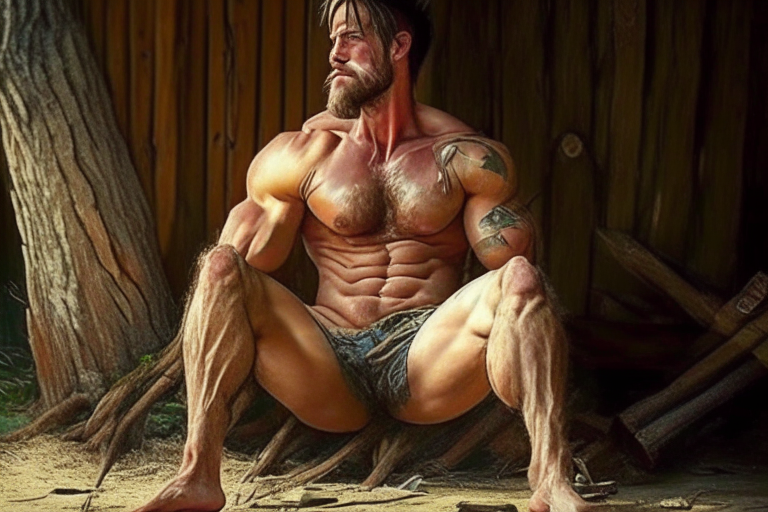 shorts, knee, thigh, wood, elbow, art, chest, trunk, barefoot, abdomen, muscular, bulging biceps, veins