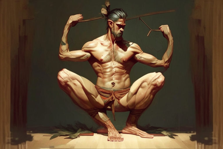 shorts, knee, thigh, wood, elbow, art, chest, trunk, barefoot, abdomen, muscular, bulging biceps, veins, yoga archer pose