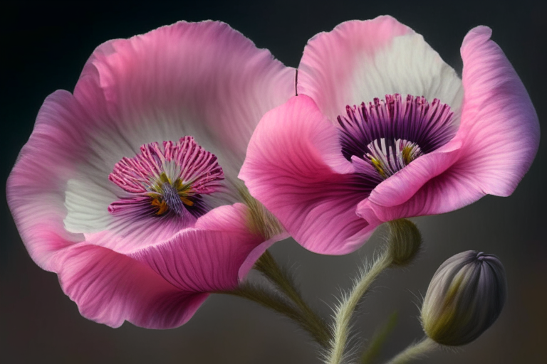 pink poppy-like flowers, photorealistic, 2:3