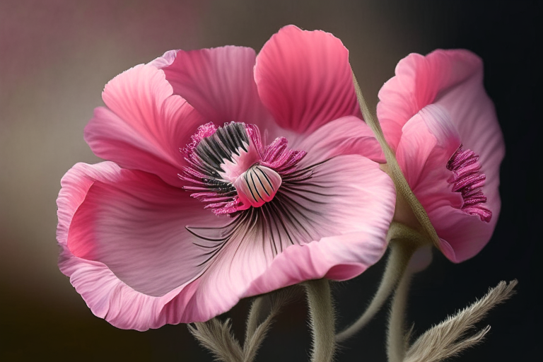 pink poppy-like flowers, photorealistic, 2:3