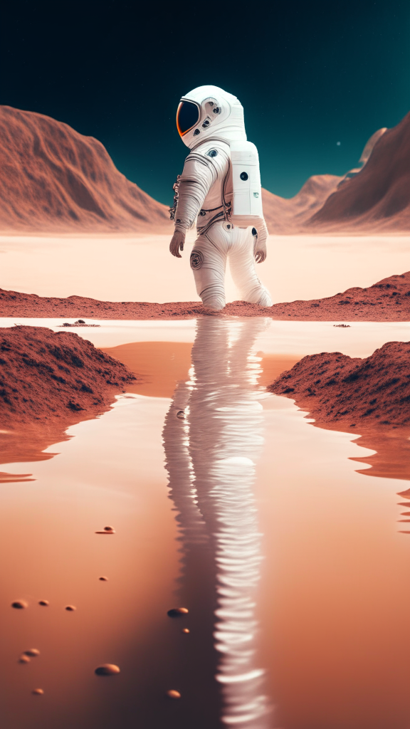 an astronaut in a white suit, is walking in the water on the mars surface, with galaxy in background, in pixar style, 4k