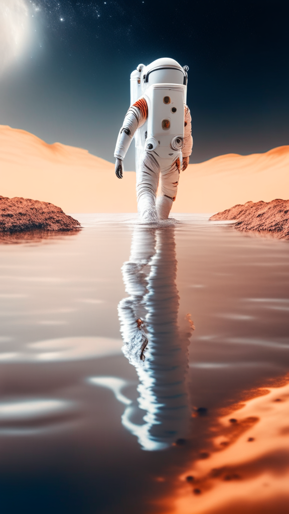 an astronaut in a white suit, is walking in the water on the mars surface, with galaxy in background, in pixar style, 4k