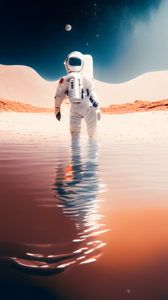 an astronaut in a white suit, is walking in the water on the mars surface, with galaxy in background, in pixar style, 4k