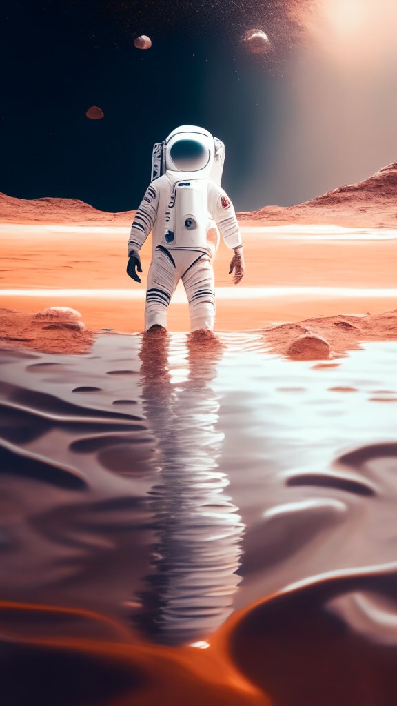 an astronaut in a white suit, is walking in the water on the mars surface, with galaxy in background, in pixar style, 4k