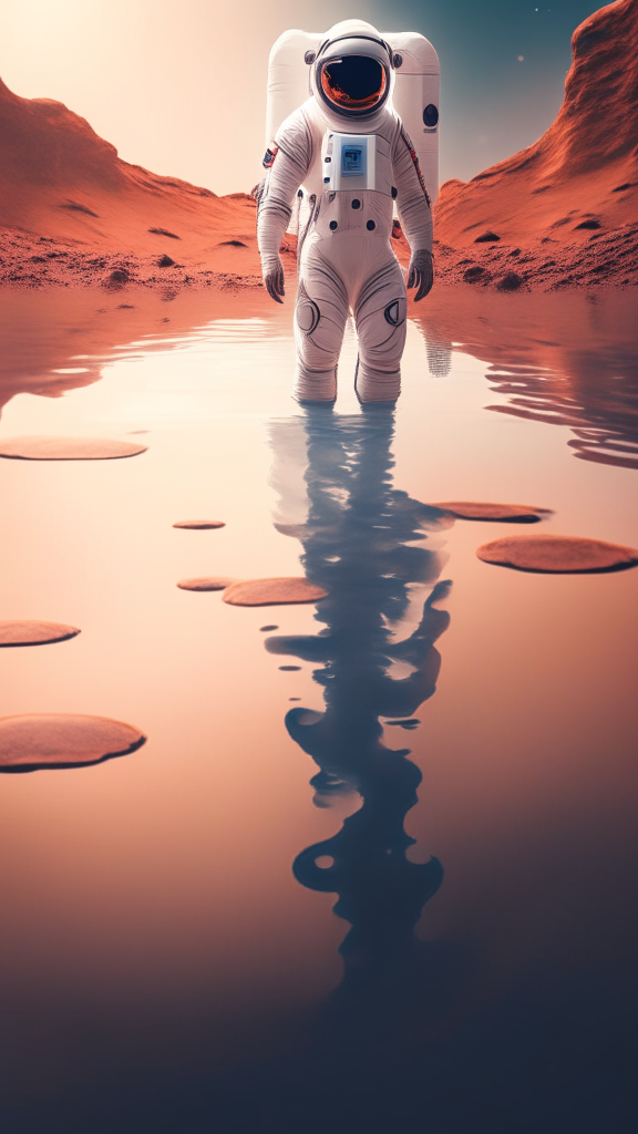 an astronaut in a white suit, is walking in the water on the mars surface, with galaxy in background, in pixar style, 4k