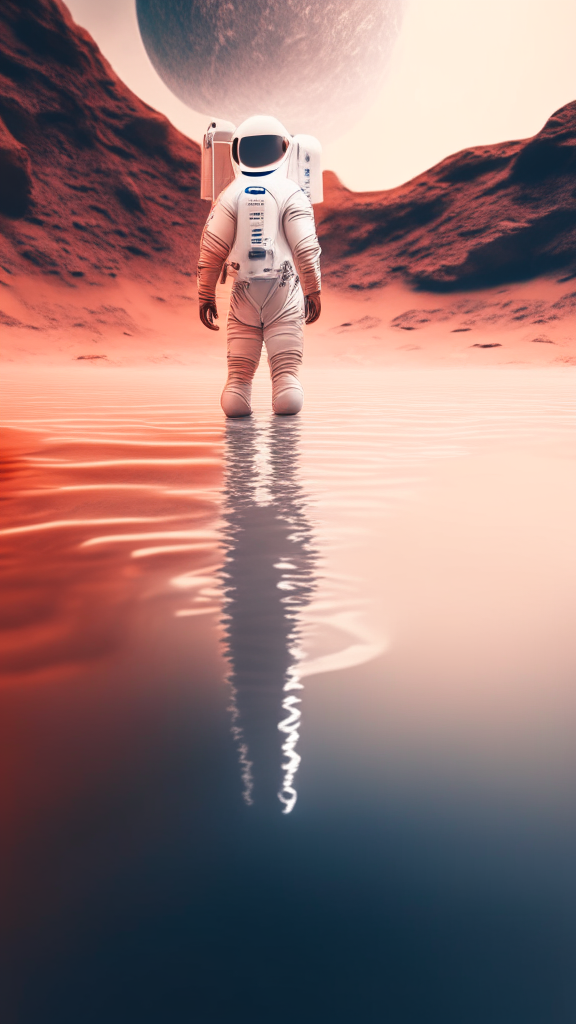 an astronaut in a white suit, is walking in the water on the mars surface, with galaxy in background, in pixar style, 4k