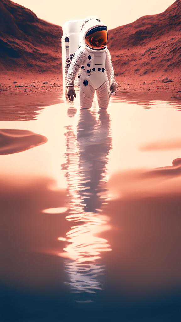 an astronaut in a white suit, is walking in the water on the mars surface, with galaxy in background, in pixar style, 4k