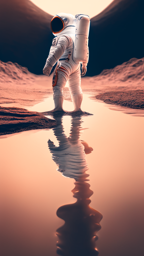 an astronaut in a white suit, is walking in the water on the mars surface, with galaxy in background, in pixar style, 4k