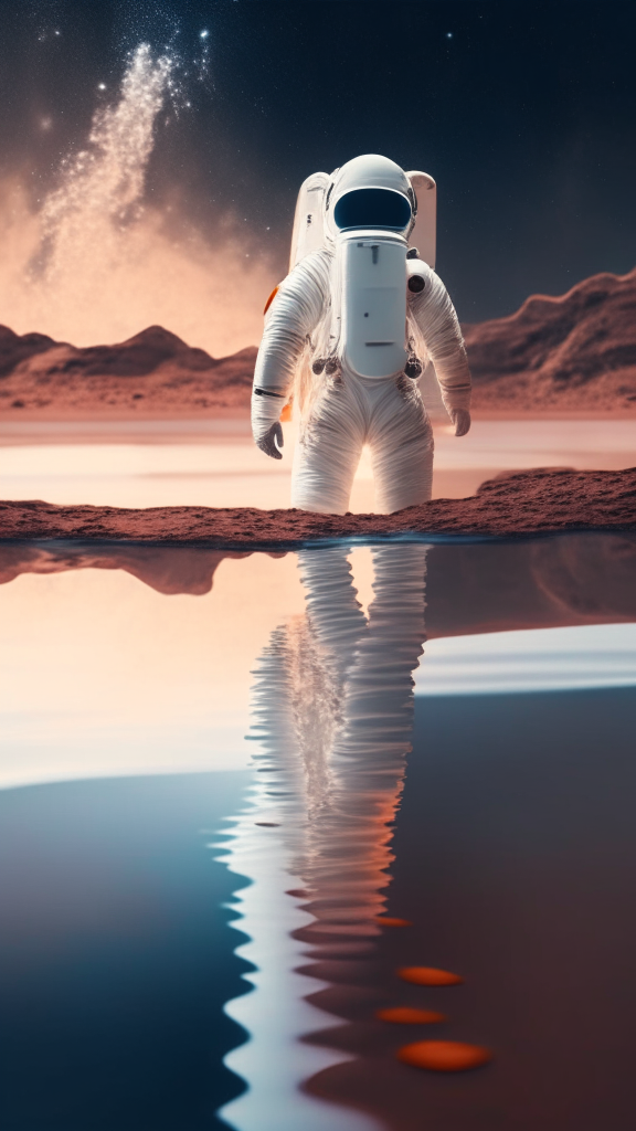 an astronaut in a white suit, is walking in the water on the mars surface, with starry sky in background, in pixar style, 4k