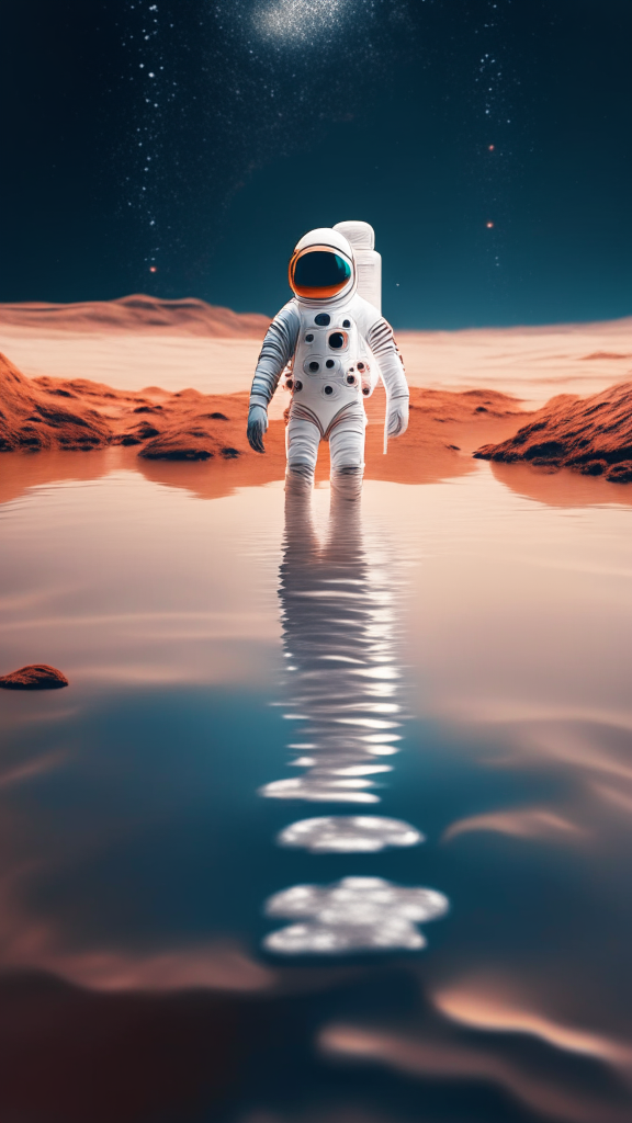 an astronaut in a white suit, is walking in the water on the mars surface, with starry sky in background, in pixar style, 4k