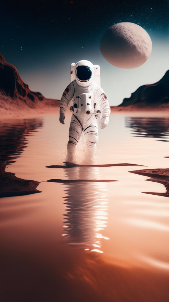 an astronaut in a white suit, is walking in the water on the mars surface, with starry sky in background, in pixar style, 4k