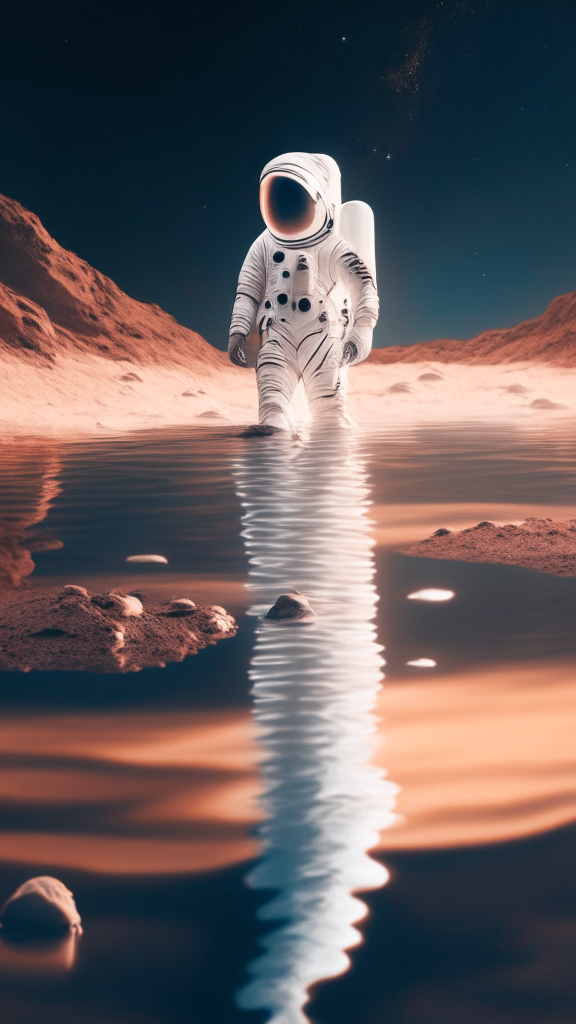an astronaut in a white suit, is walking in the water on the mars surface, with starry sky in background, in pixar style, 4k