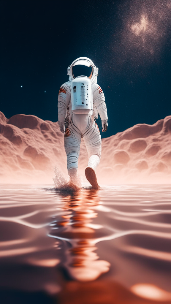 an astronaut in a white suit, is walking in the water on the mars surface, with starry sky in background, in pixar style, 4k