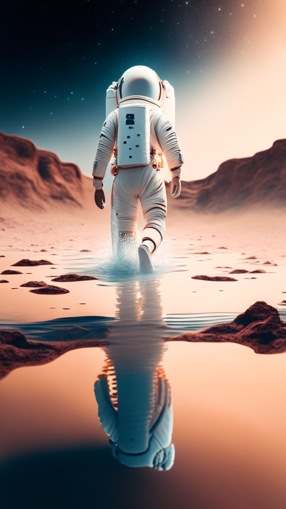 an astronaut in a white suit, is walking in the water on the mars surface, with starry sky in background, in pixar style, 4k
