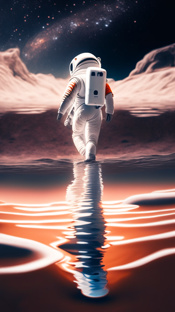 an astronaut in a white suit, is walking in the water on the mars surface, with starry sky in background, in pixar style, 4k