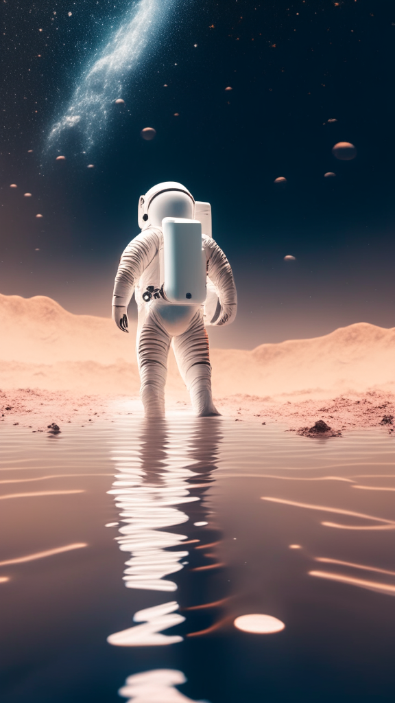an astronaut in a white suit, is walking in the water on the mars surface, with starry sky in background, in pixar style, 4k
