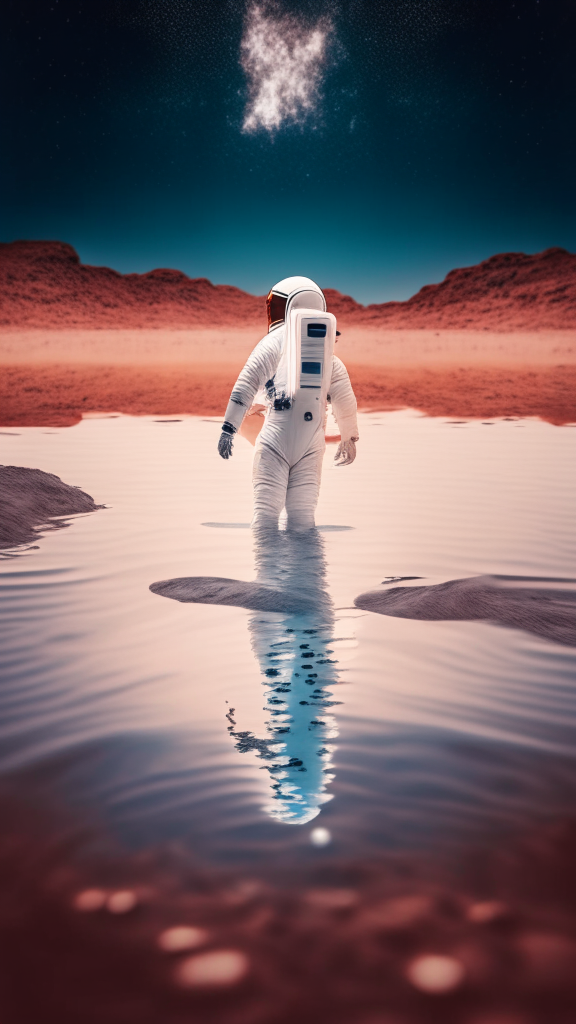 a full shot in front of camera of an astronaut in a white suit, is walking in the water on the mars surface, with starry sky in background, in pixar style, 4k