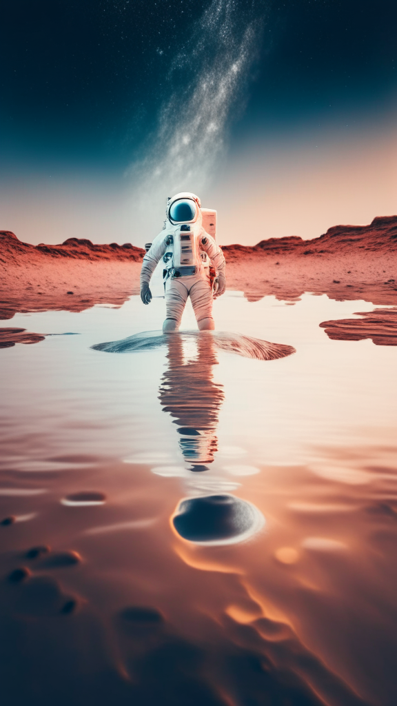 a full shot in front of camera of an astronaut in a white suit, is walking in the water on the mars surface, with starry sky in background, in pixar style, 4k
