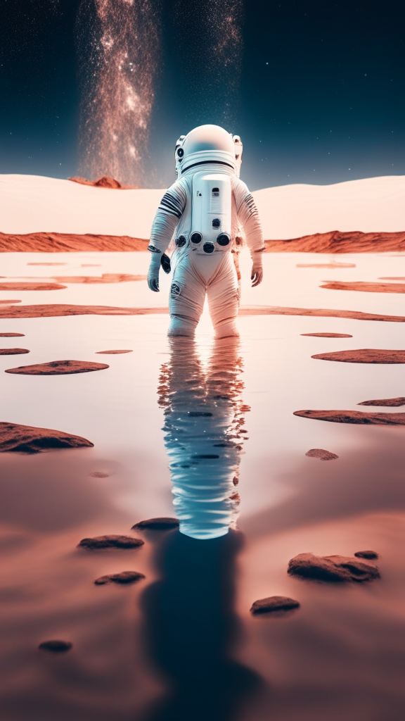 a full shot in front of camera of an astronaut in a white suit, is walking in the water on the mars surface, with starry sky in background, in pixar style, 4k