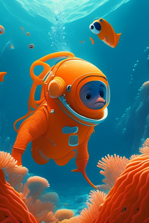Nemo the character is wearing a orange astronaut suit, swimming the ocean with corals in background, in pixar style