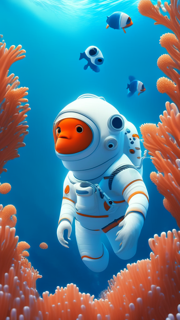Nemo the character, is wearing a white astronaut suit, swimming the ocean, with corals in background, in pixar style, 4k