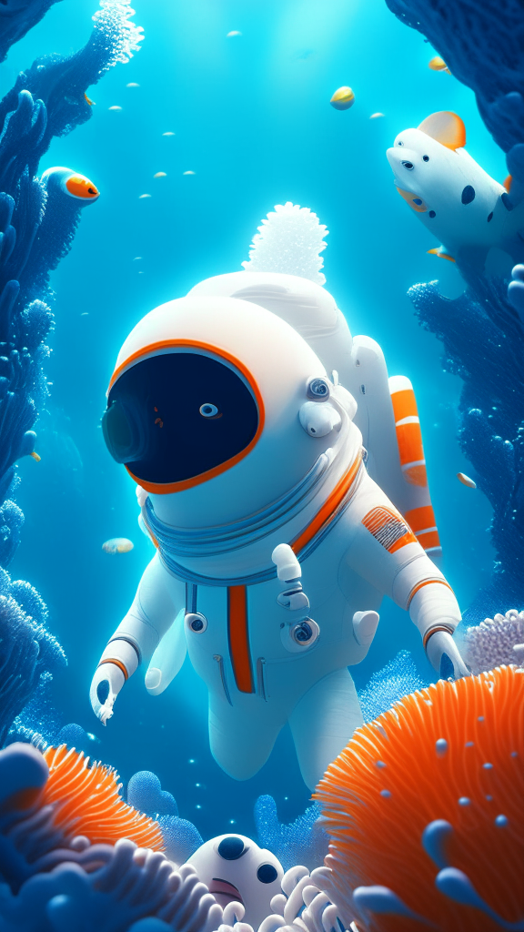 Nemo the character, is wearing a white astronaut suit, swimming the ocean, with corals in background, in pixar style, 4k