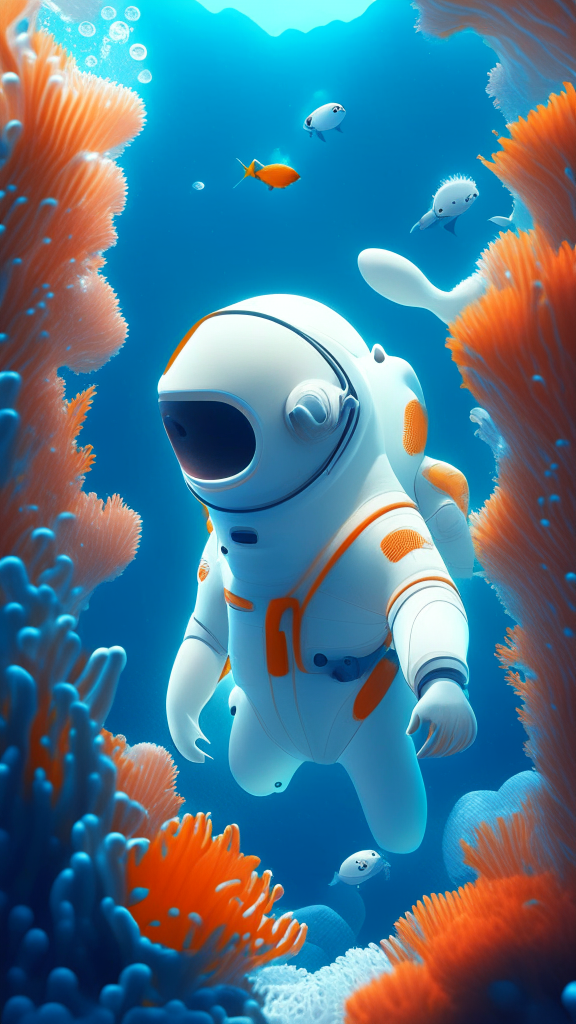 Nemo the character, is wearing a white astronaut suit, swimming the ocean, with corals in background, in pixar style, 4k