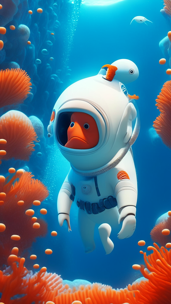 Nemo the character, is wearing a white astronaut suit, swimming the ocean, with corals in background, in pixar style, 4k