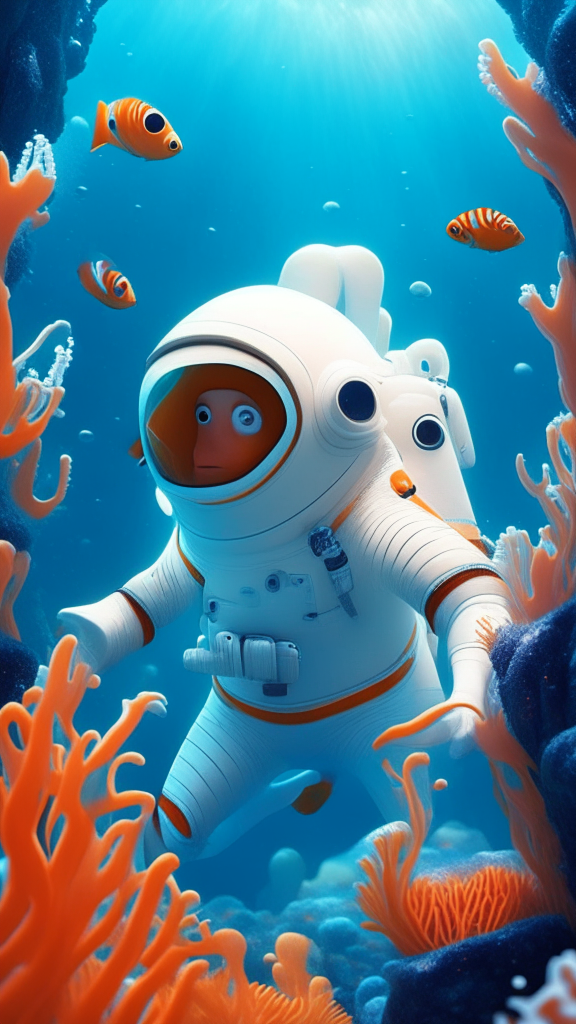 Nemo the character is wearing a white astronaut suit, swimming the ocean with corals in background, in pixar style
