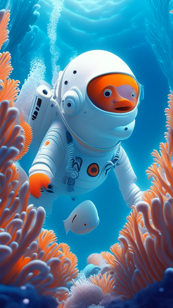 Nemo the character is wearing a white astronaut suit, swimming the ocean with corals in background, in pixar style