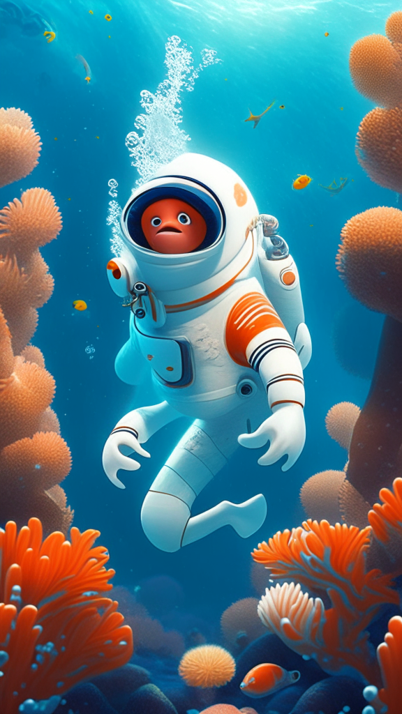 Nemo the character is wearing a white astronaut suit, swimming the ocean with corals in background, in pixar style