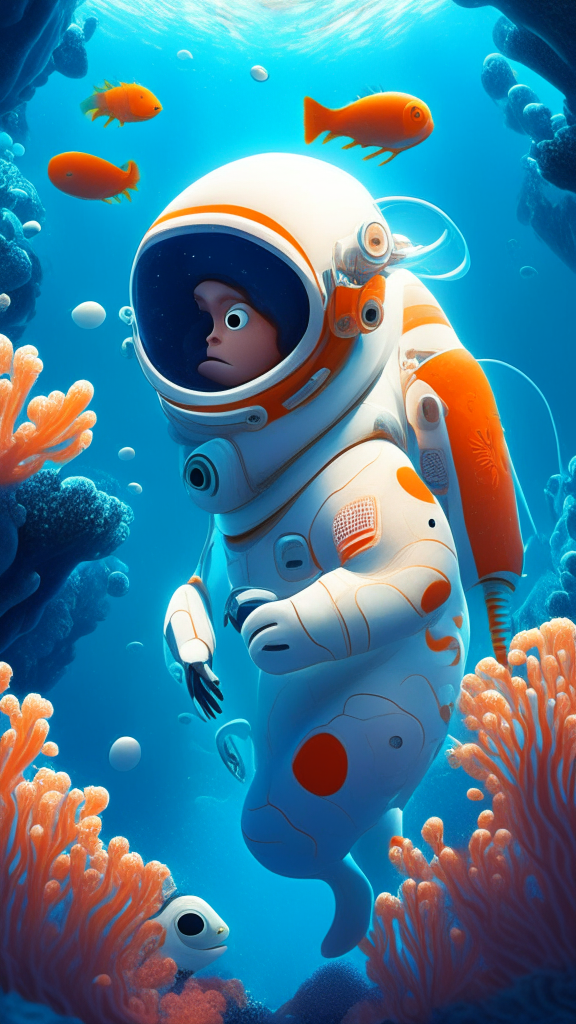 Nemo the character is wearing a white astronaut suit, swimming the ocean with corals in background, in pixar style