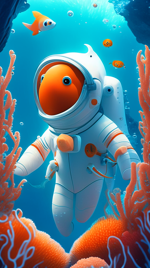 Nemo the character is wearing a white astronaut suit, swimming the ocean with corals in background, in pixar style