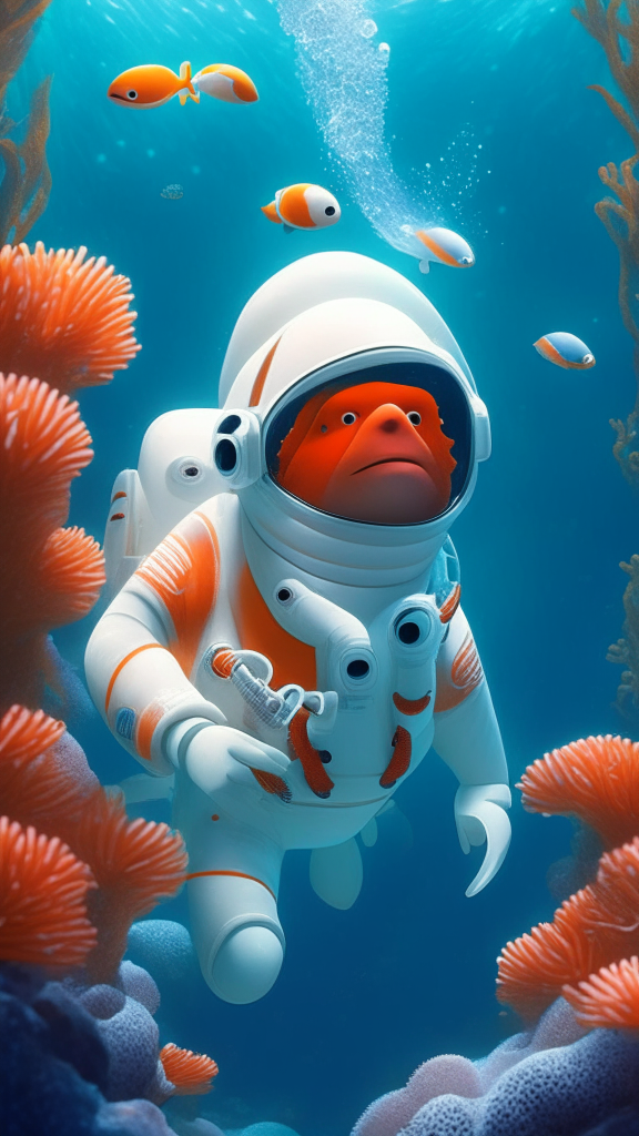 Nemo the character is wearing a white astronaut suit, swimming the ocean with corals in background, in pixar style