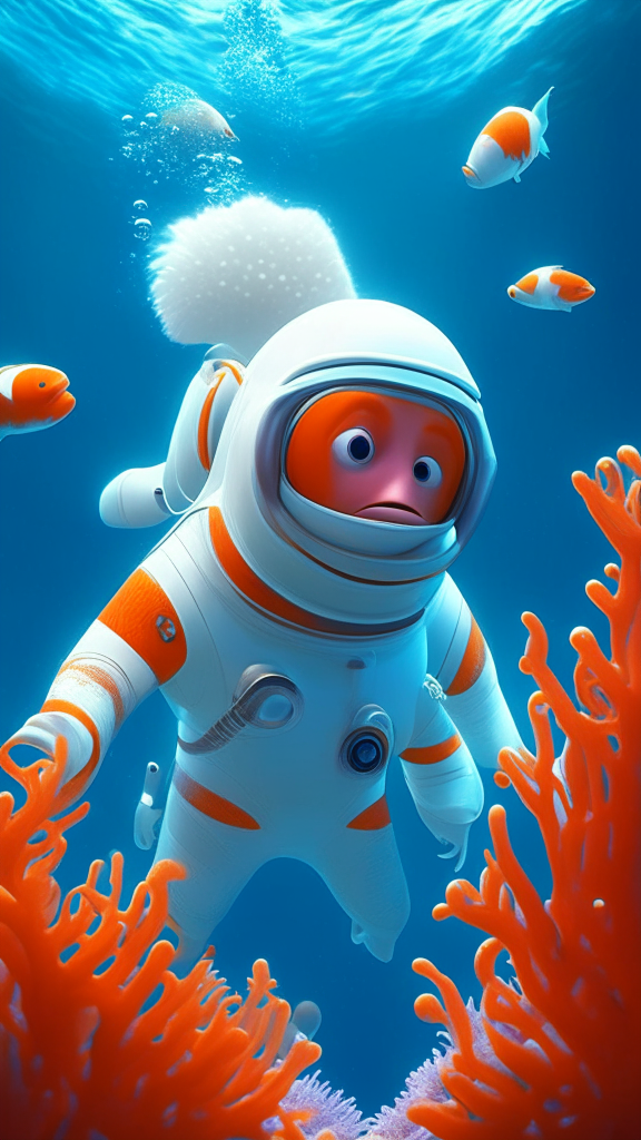 Nemo the character is wearing a white astronaut suit, swimming the ocean with corals in background, in pixar style