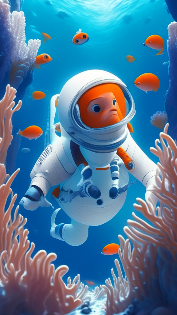 Nemo the character is wearing a white astronaut suit, swimming the ocean with corals in background, in pixar style