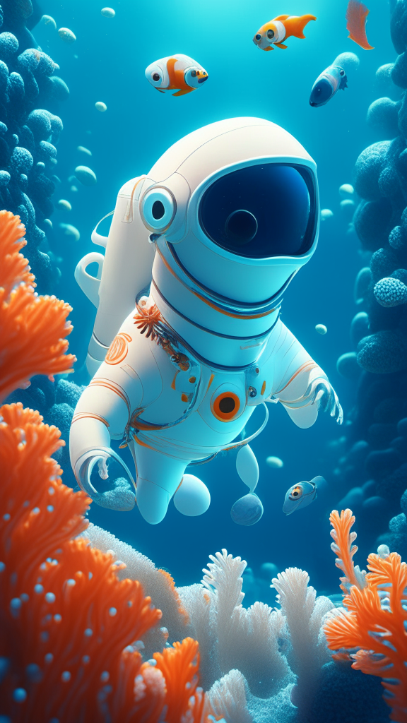 Nemo the character is wearing a white astronaut suit, swimming the ocean with corals in background, in pixar style, detailed, 4k. 8k