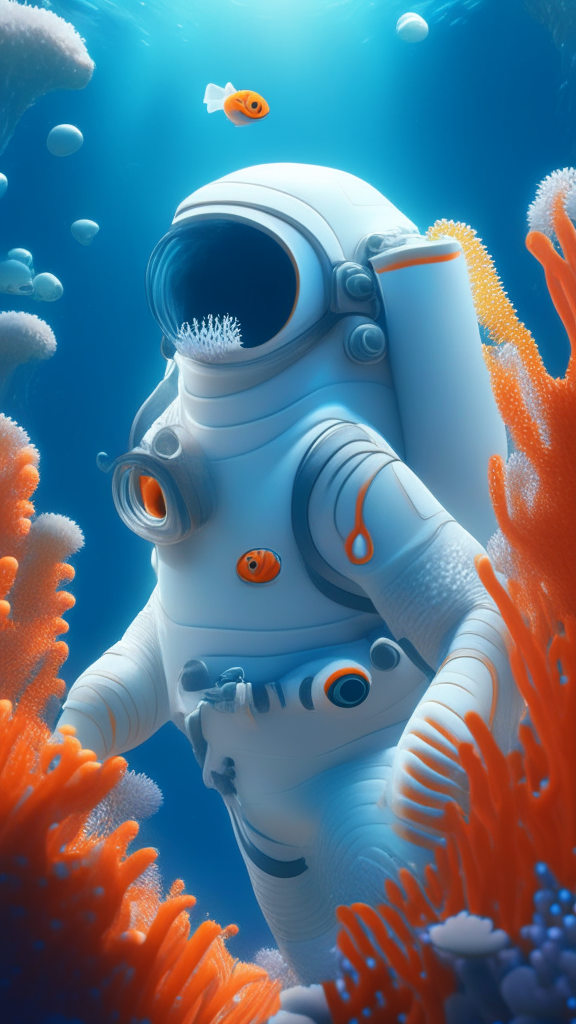Nemo the character is wearing a white astronaut suit, swimming the ocean with corals in background, in pixar style, detailed, 4k. 8k
